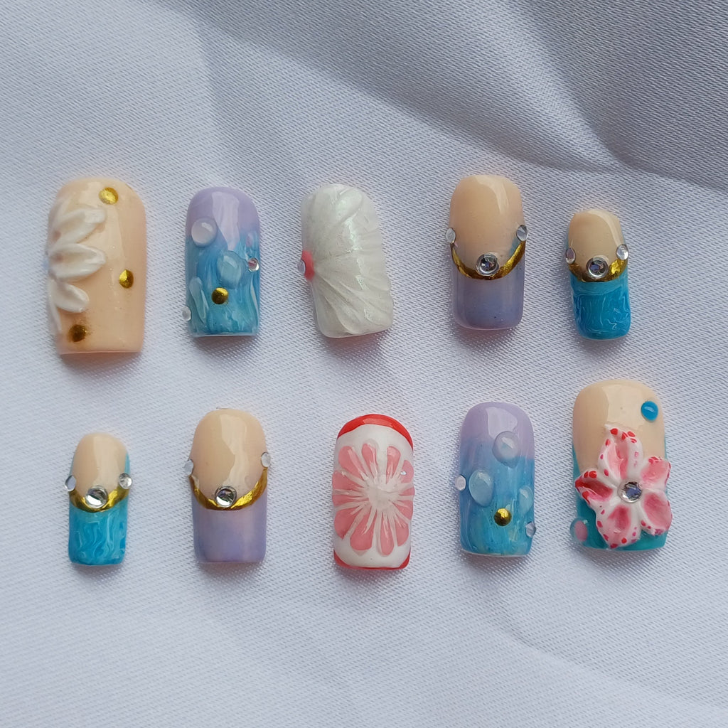 Blooming Garden Press on Nails | 3D Blumen Nägel Pastell | Luxus Kunstnägel Handgemacht | Elegante Blumen Fingernägel Wiederverwendbar