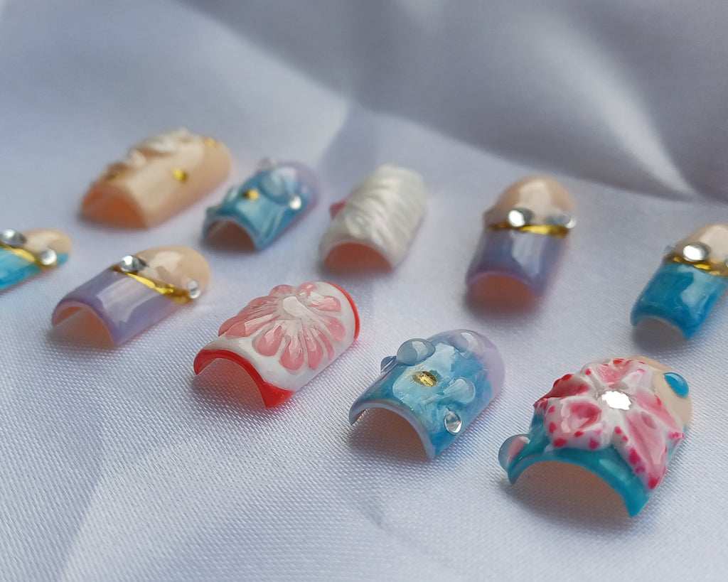 Blooming Garden Press on Nails | 3D Blumen Nägel Pastell | Luxus Kunstnägel Handgemacht | Elegante Blumen Fingernägel Wiederverwendbar