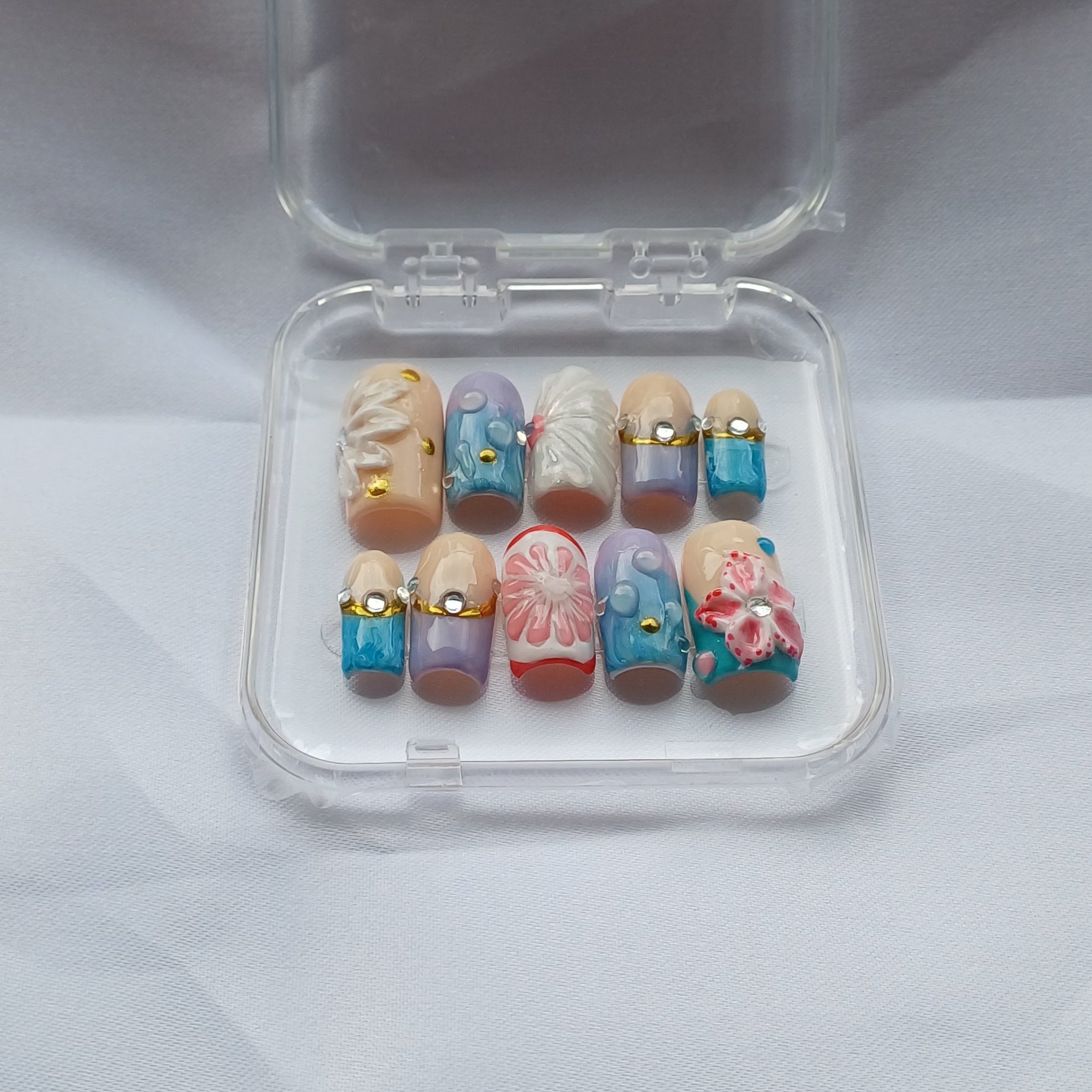 Blooming Garden Press on Nails | 3D Blumen Nägel Pastell | Luxus Kunstnägel Handgemacht | Elegante Blumen Fingernägel Wiederverwendbar