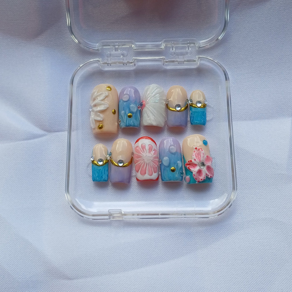 Blooming Garden Press on Nails | 3D Blumen Nägel Pastell | Luxus Kunstnägel Handgemacht | Elegante Blumen Fingernägel Wiederverwendbar