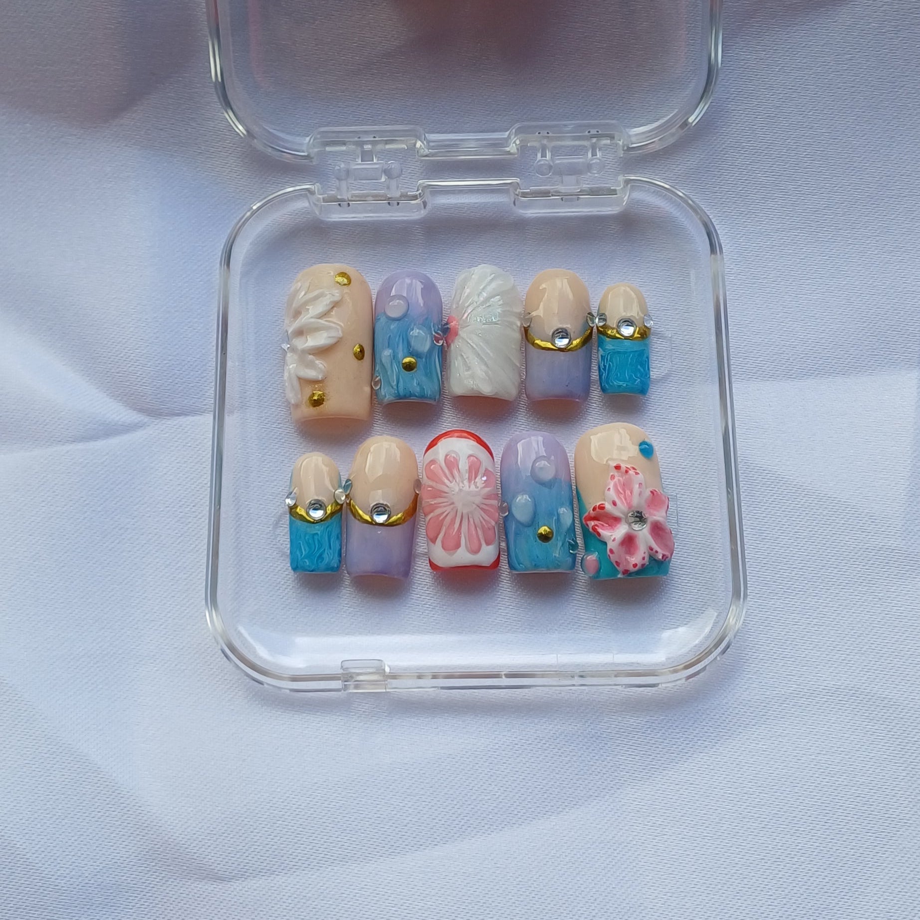 Blooming Garden Press on Nails | 3D Blumen Nägel Pastell | Luxus Kunstnägel Handgemacht | Elegante Blumen Fingernägel Wiederverwendbar