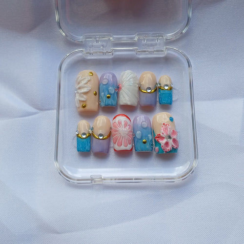 Blooming Garden Press on Nails | 3D Blumen Nägel Pastell | Luxus Kunstnägel Handgemacht | Elegante Blumen Fingernägel Wiederverwendbar