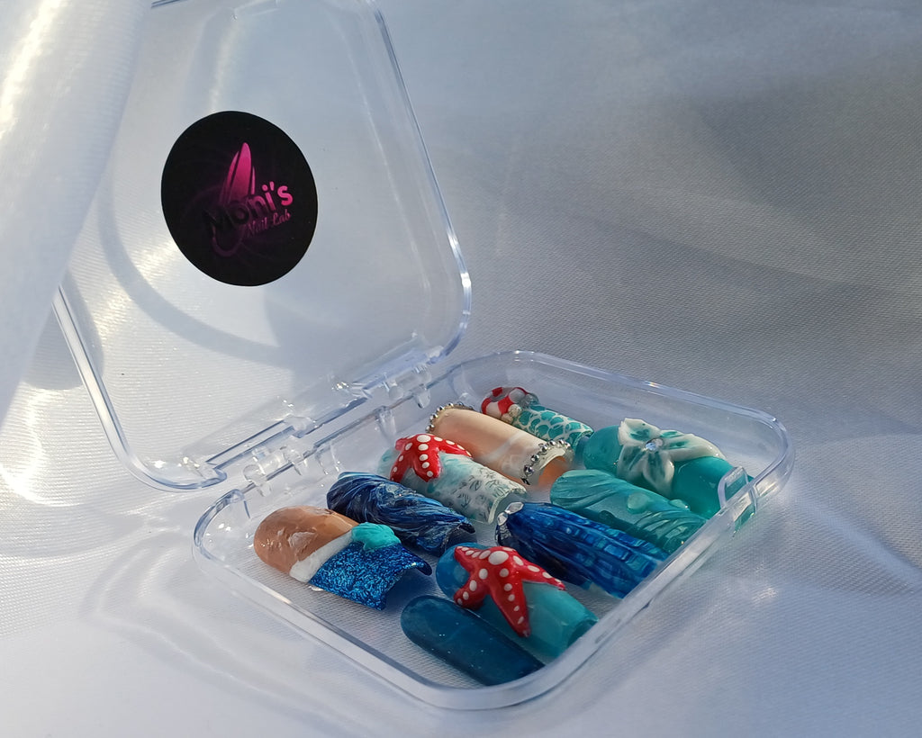 Mermaid Ocean Press on Nails | Seestern Nägel Blau | 3D Muschel Kunstnägel Handgemacht | Luxus Meerjungfrau Fingernägel Custom