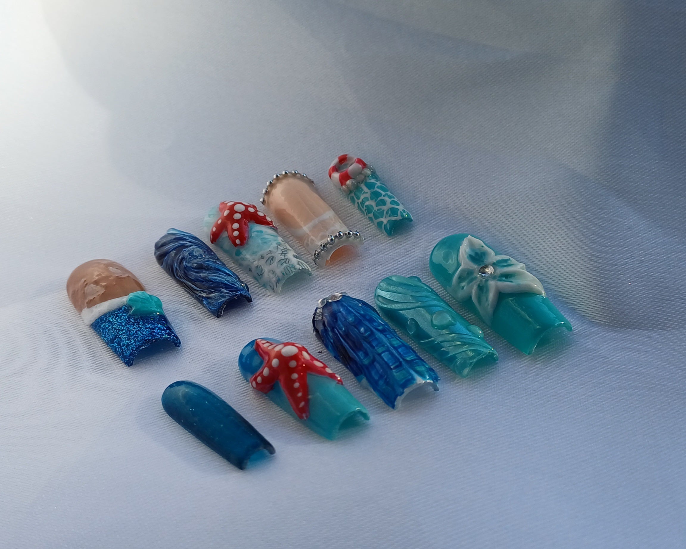 Mermaid Ocean Press on Nails | Seestern Nägel Blau | 3D Muschel Kunstnägel Handgemacht | Luxus Meerjungfrau Fingernägel Custom