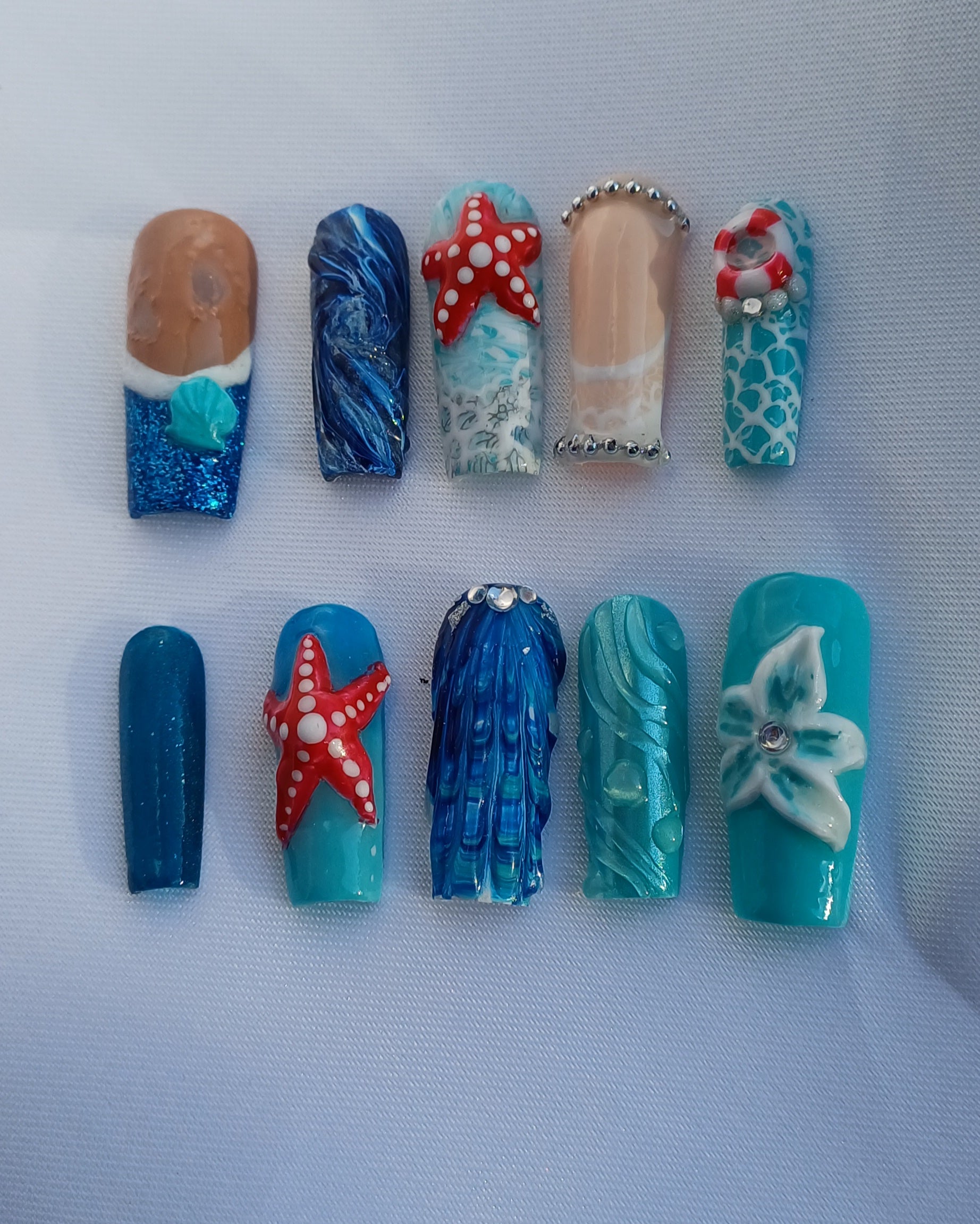 Mermaid Ocean Press on Nails | Seestern Nägel Blau | 3D Muschel Kunstnägel Handgemacht | Luxus Meerjungfrau Fingernägel Custom