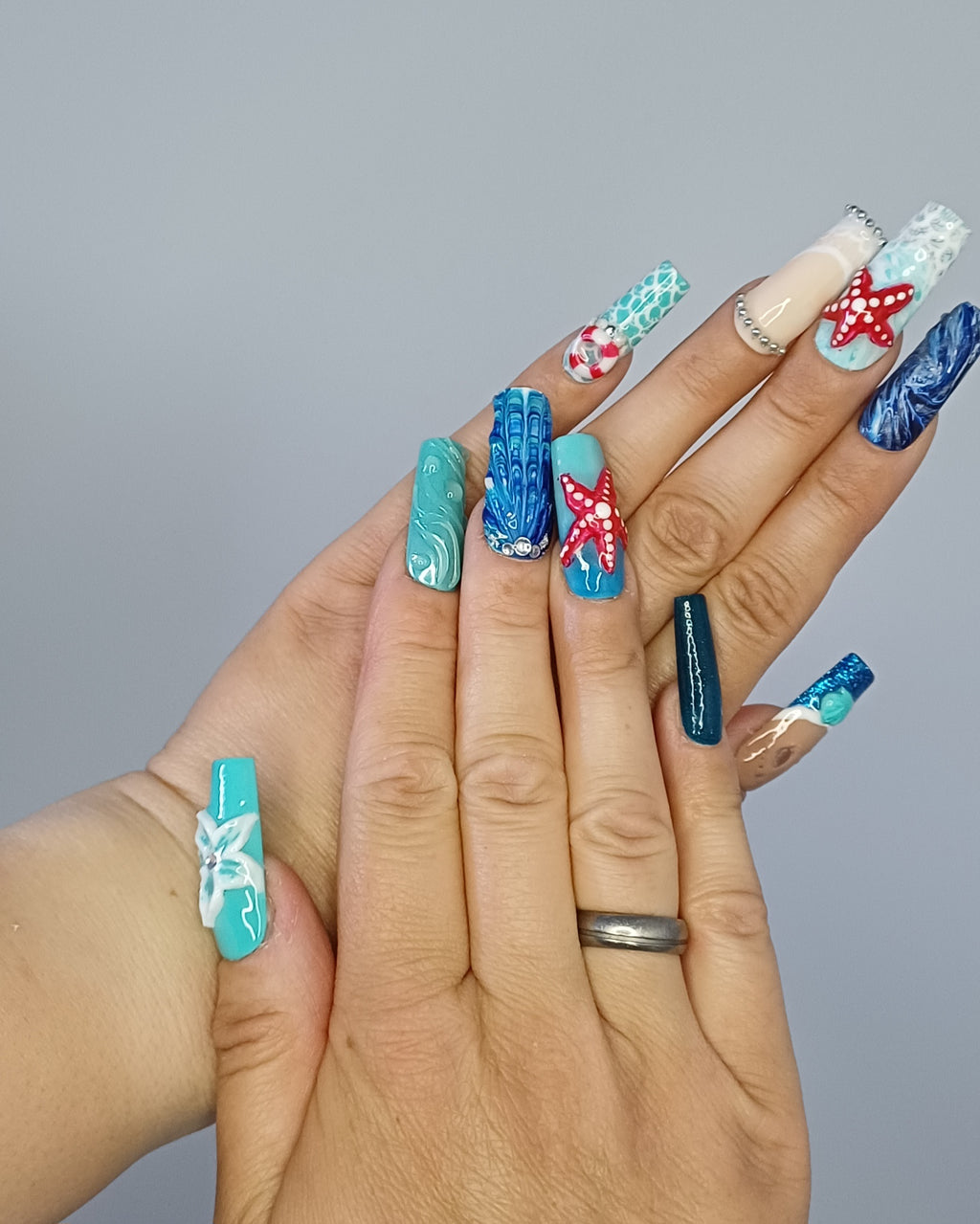 Mermaid Ocean Press on Nails | Seestern Nägel Blau | 3D Muschel Kunstnägel Handgemacht | Luxus Meerjungfrau Fingernägel Custom