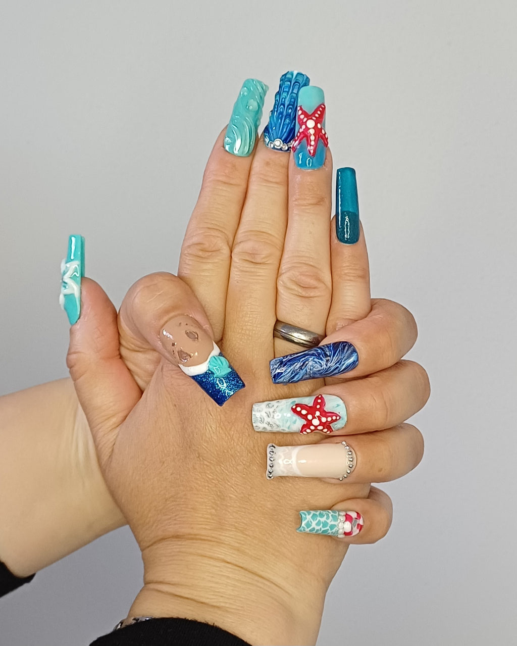 Mermaid Ocean Press on Nails | Seestern Nägel Blau | 3D Muschel Kunstnägel Handgemacht | Luxus Meerjungfrau Fingernägel Custom