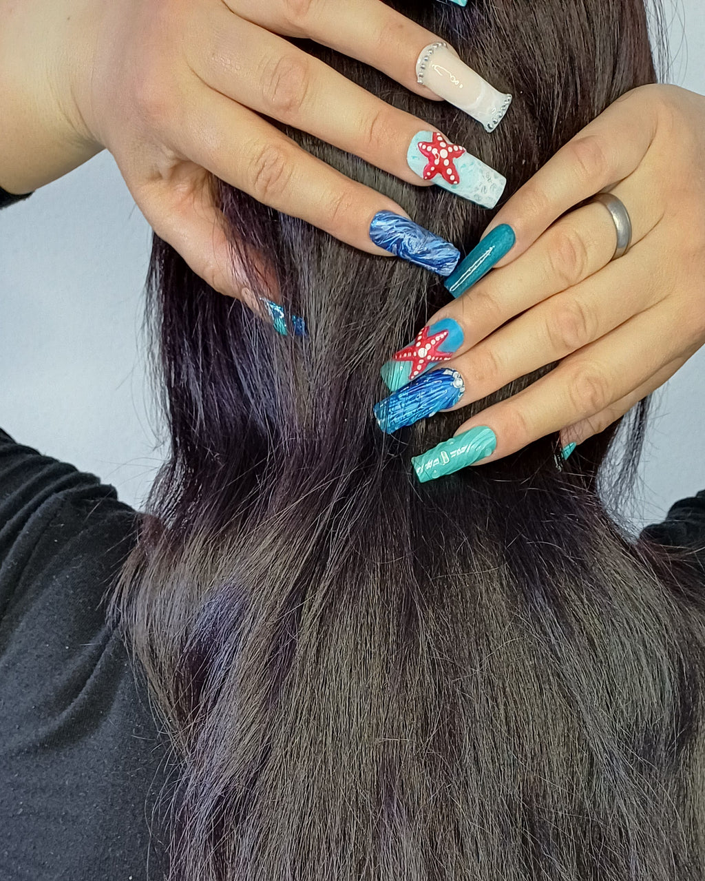 Mermaid Ocean Press on Nails | Seestern Nägel Blau | 3D Muschel Kunstnägel Handgemacht | Luxus Meerjungfrau Fingernägel Custom