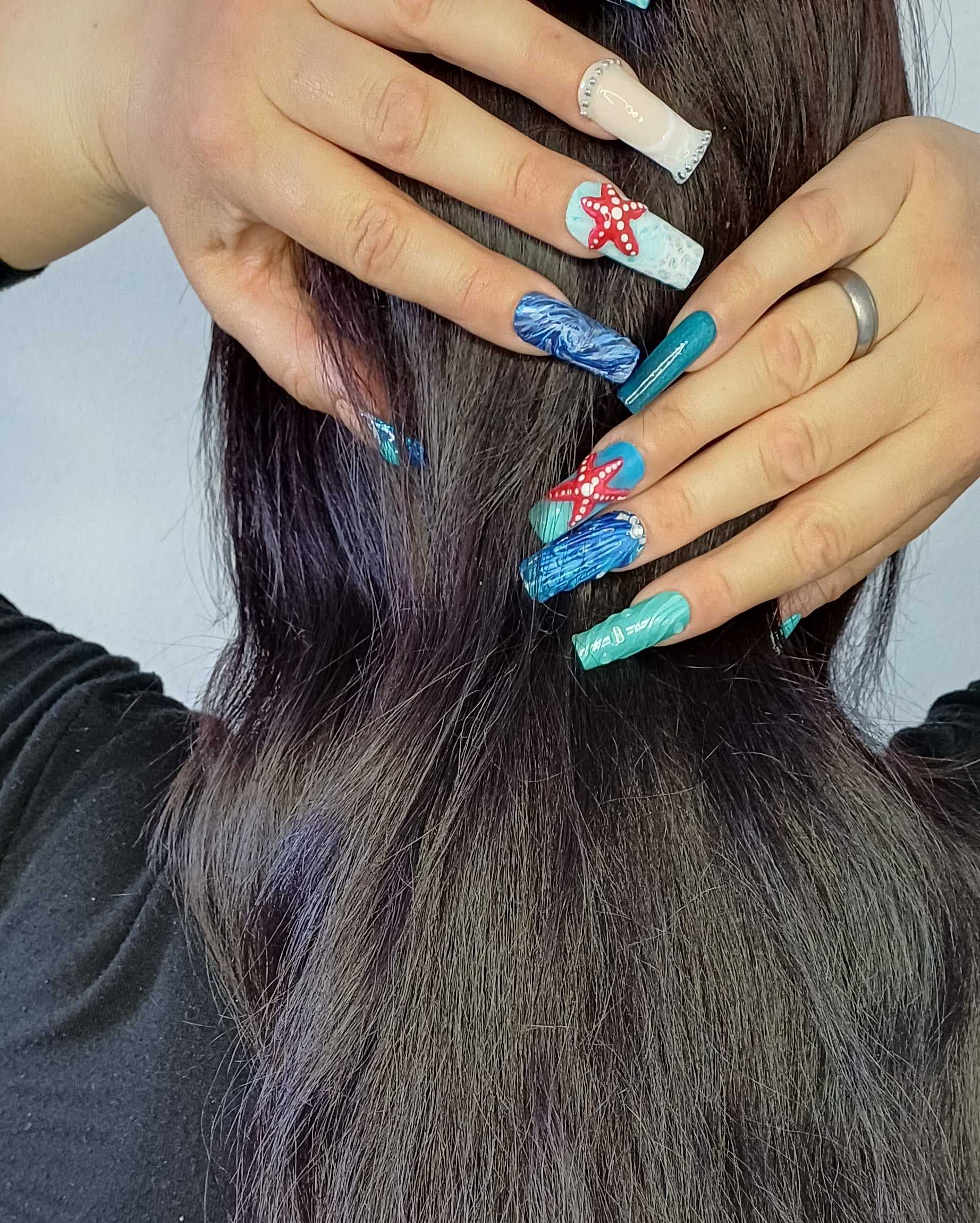 Mermaid Ocean Press on Nails | Seestern Nägel Blau | 3D Muschel Kunstnägel Handgemacht | Luxus Meerjungfrau Fingernägel Custom