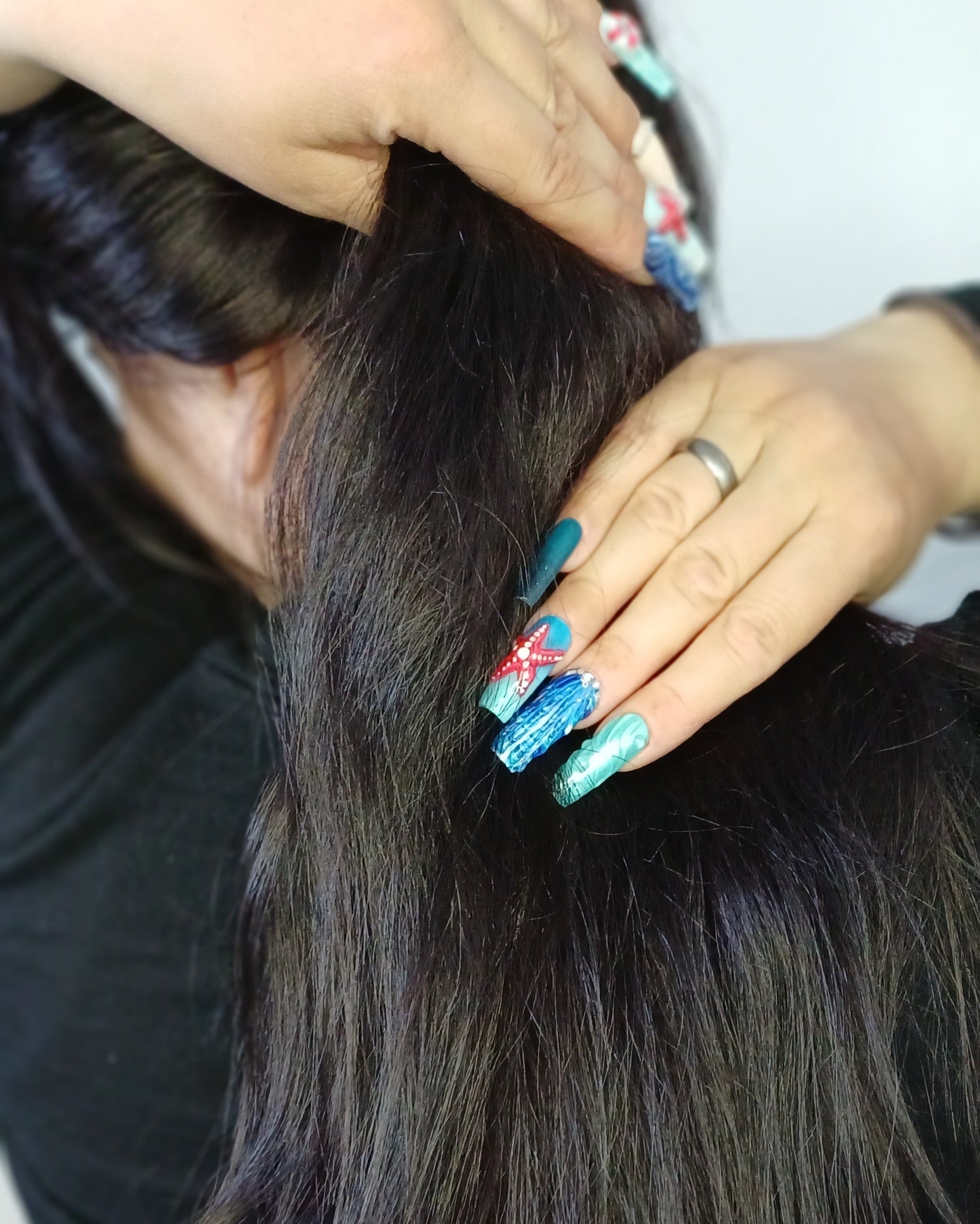 Mermaid Ocean Press on Nails | Seestern Nägel Blau | 3D Muschel Kunstnägel Handgemacht | Luxus Meerjungfrau Fingernägel Custom