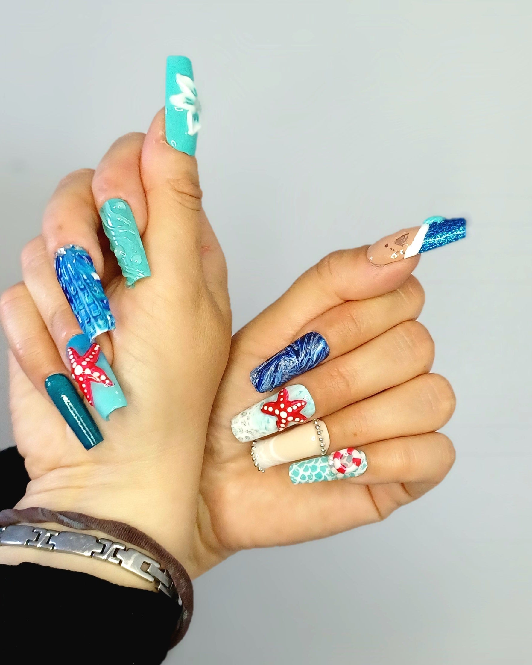 Mermaid Ocean Press on Nails | Seestern Nägel Blau | 3D Muschel Kunstnägel Handgemacht | Luxus Meerjungfrau Fingernägel Custom