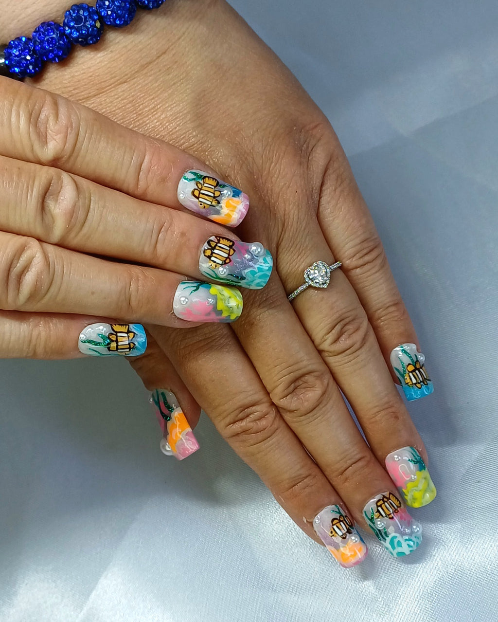 Mermaid Ocean Press on Nails | Seestern Nägel Blau | 3D Muschel Kunstnägel Handgemacht | Luxus Meerjungfrau Fingernägel Custom