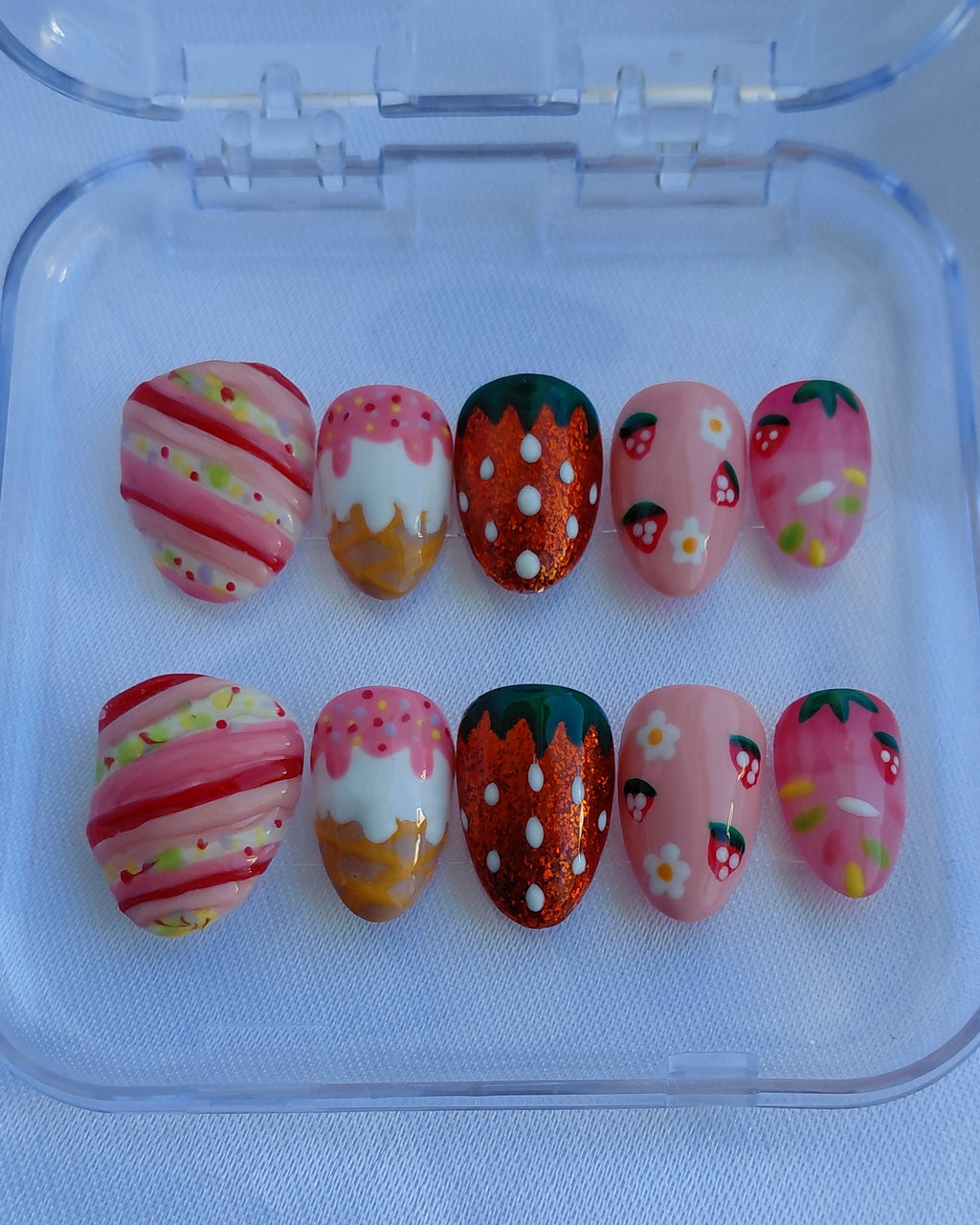 Strawberry Sorbet Press on Nails | Erdbeere Nägel Rosa | Süße Sommer Kunstnägel Handgemacht | Luxus Eis Nägel Wiederverwendbar Custom
