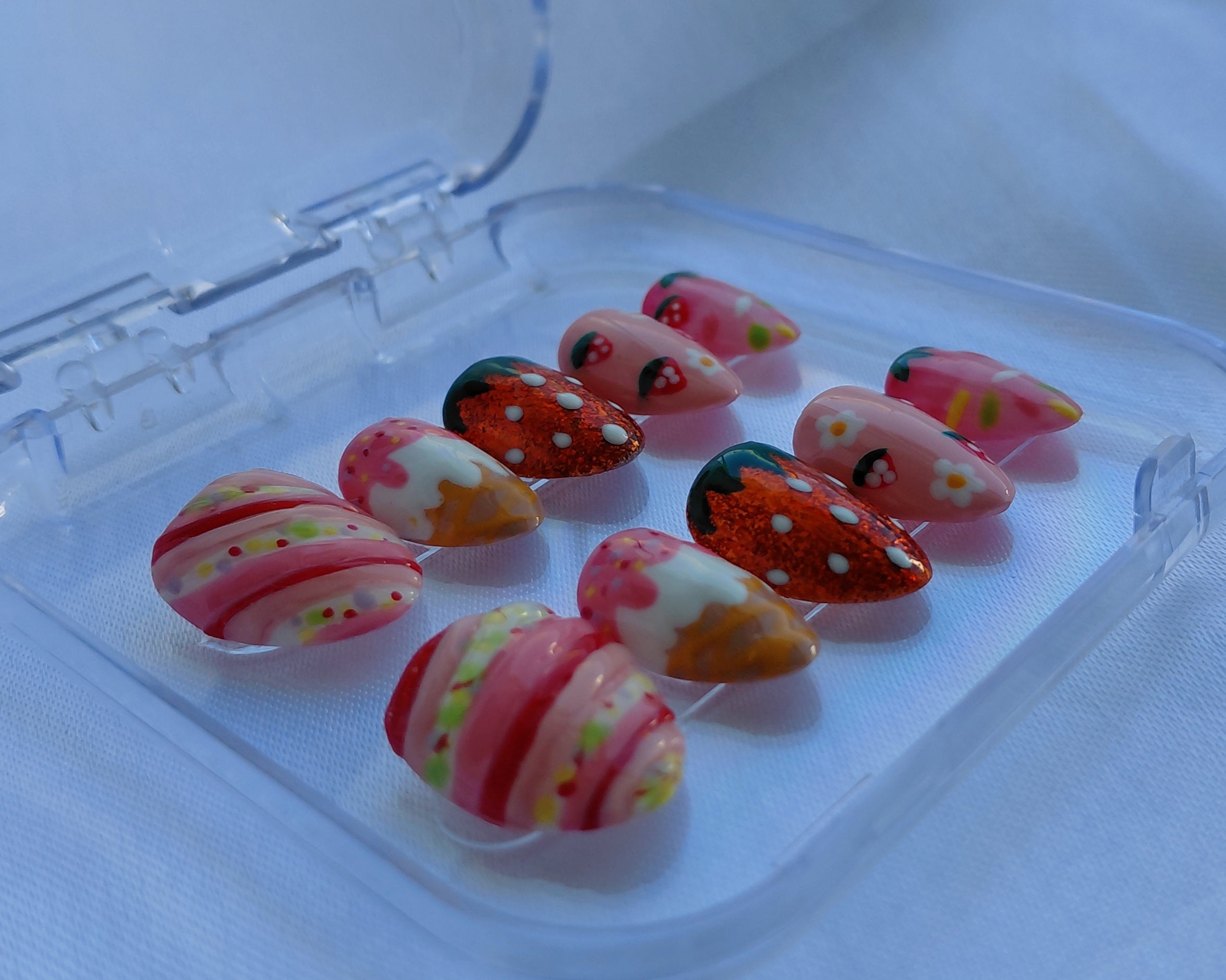 Strawberry Sorbet Press on Nails | Erdbeere Nägel Rosa | Süße Sommer Kunstnägel Handgemacht | Luxus Eis Nägel Wiederverwendbar Custom