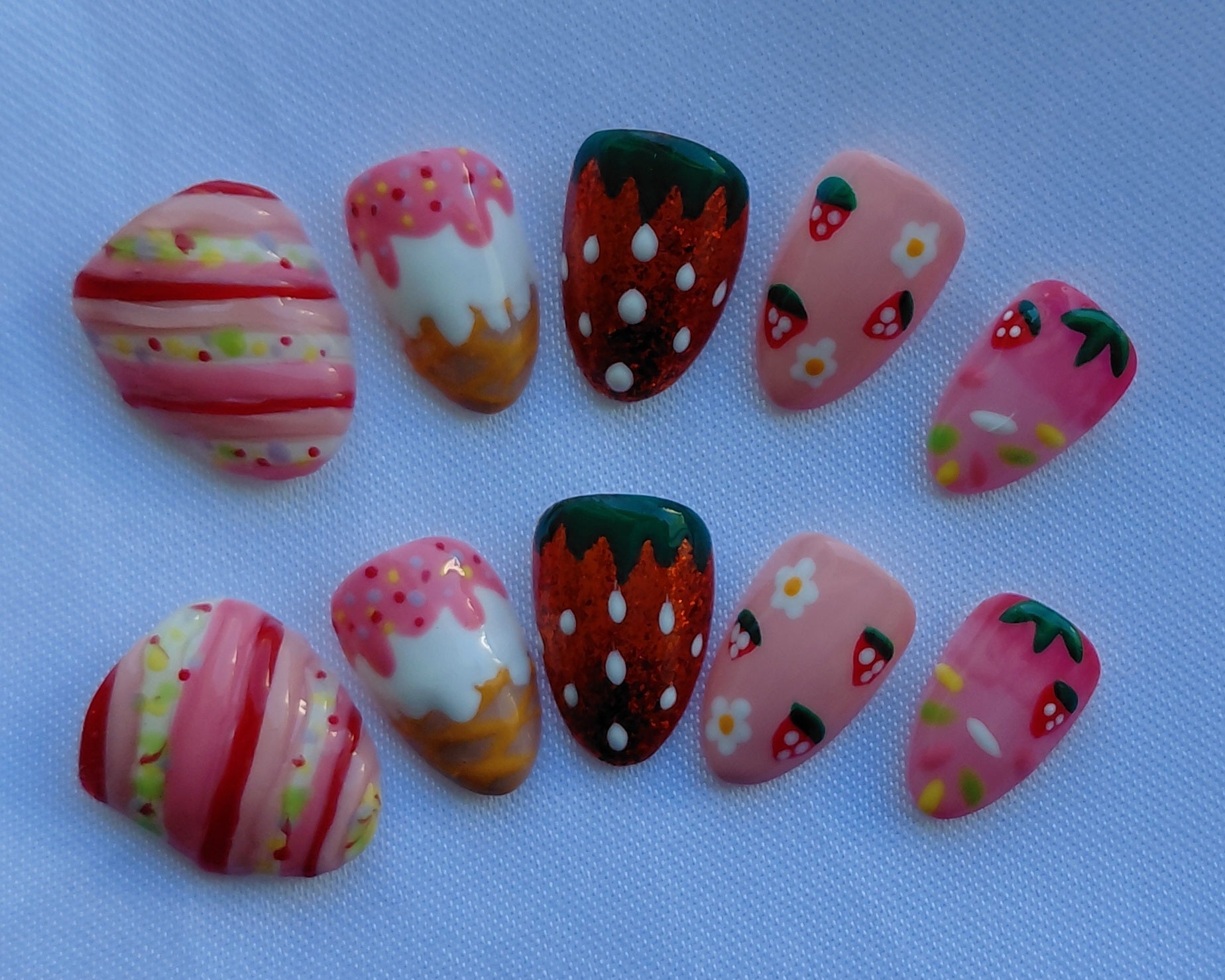 Strawberry Sorbet Press on Nails | Erdbeere Nägel Rosa | Süße Sommer Kunstnägel Handgemacht | Luxus Eis Nägel Wiederverwendbar Custom