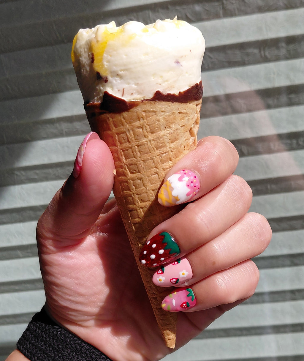Strawberry Sorbet Press on Nails | Erdbeere Nägel Rosa | Süße Sommer Kunstnägel Handgemacht | Luxus Eis Nägel Wiederverwendbar Custom