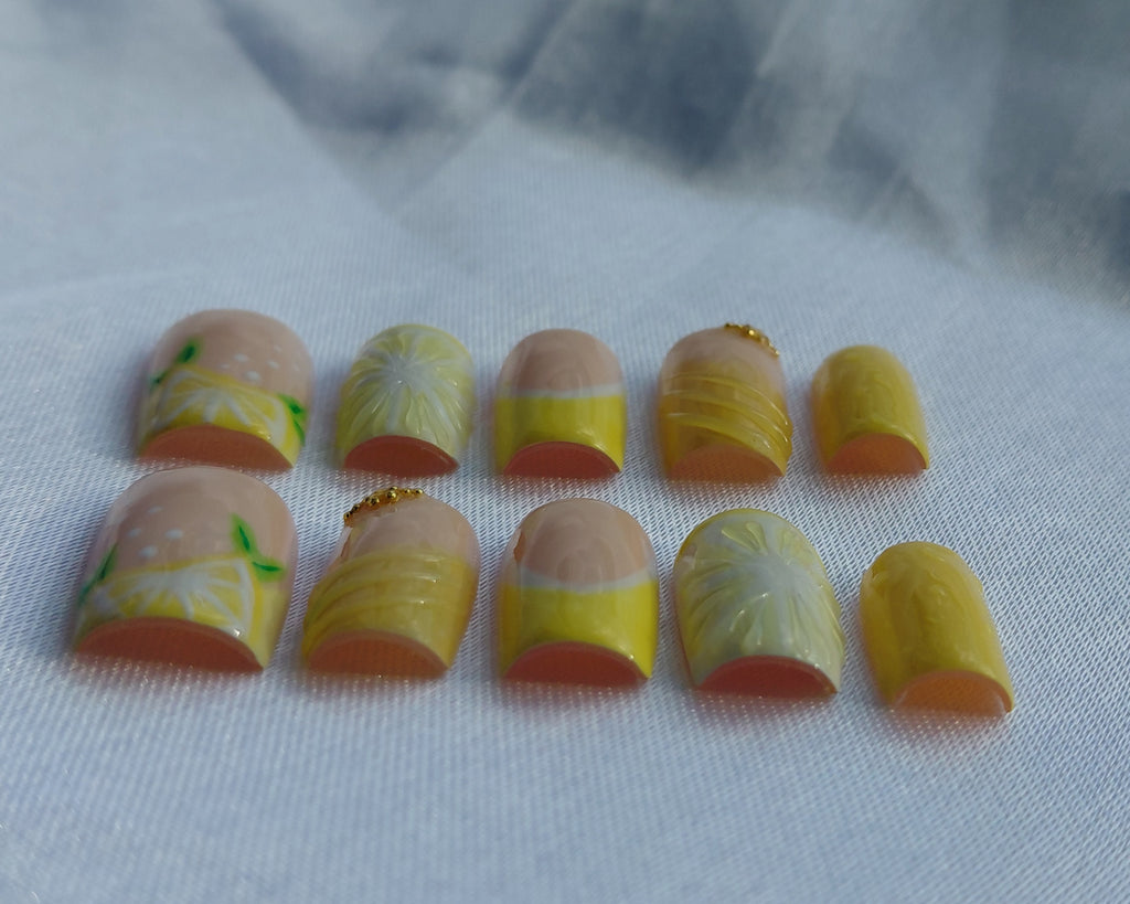 Lemon Curd Press on Nails | Zitronen Nägel Gelb | 3D Frucht Kunstnägel Handgemacht | Sommer French Nails Wiederverwendbar Custom