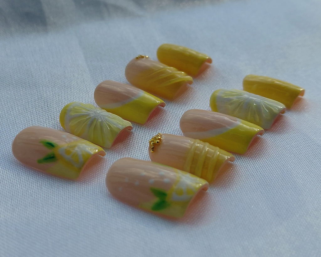 Lemon Curd Press on Nails | Zitronen Nägel Gelb | 3D Frucht Kunstnägel Handgemacht | Sommer French Nails Wiederverwendbar Custom