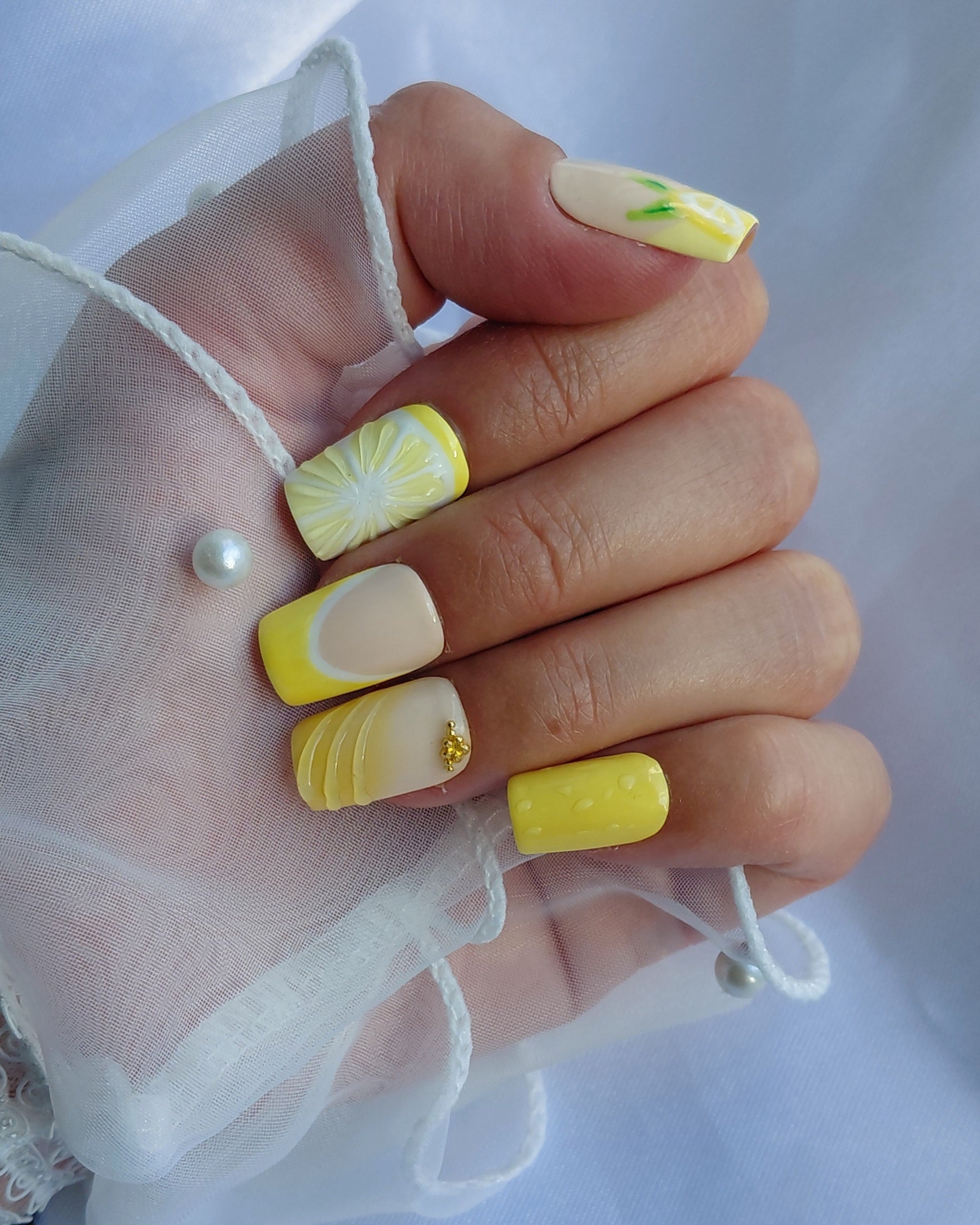 Lemon Curd Press on Nails | Zitronen Nägel Gelb | 3D Frucht Kunstnägel Handgemacht | Sommer French Nails Wiederverwendbar Custom
