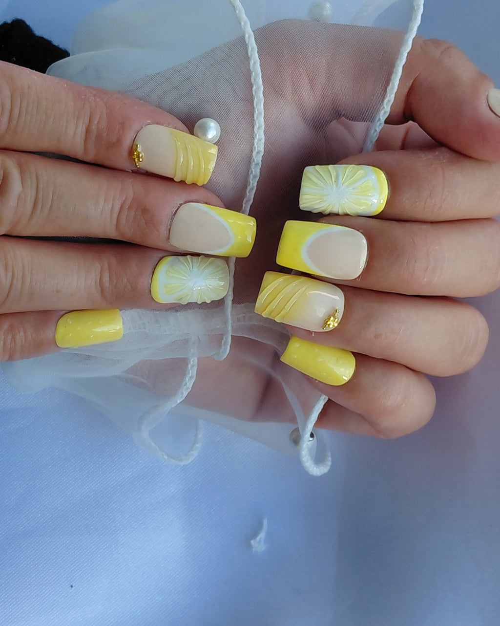 Lemon Curd Press on Nails | Zitronen Nägel Gelb | 3D Frucht Kunstnägel Handgemacht | Sommer French Nails Wiederverwendbar Custom