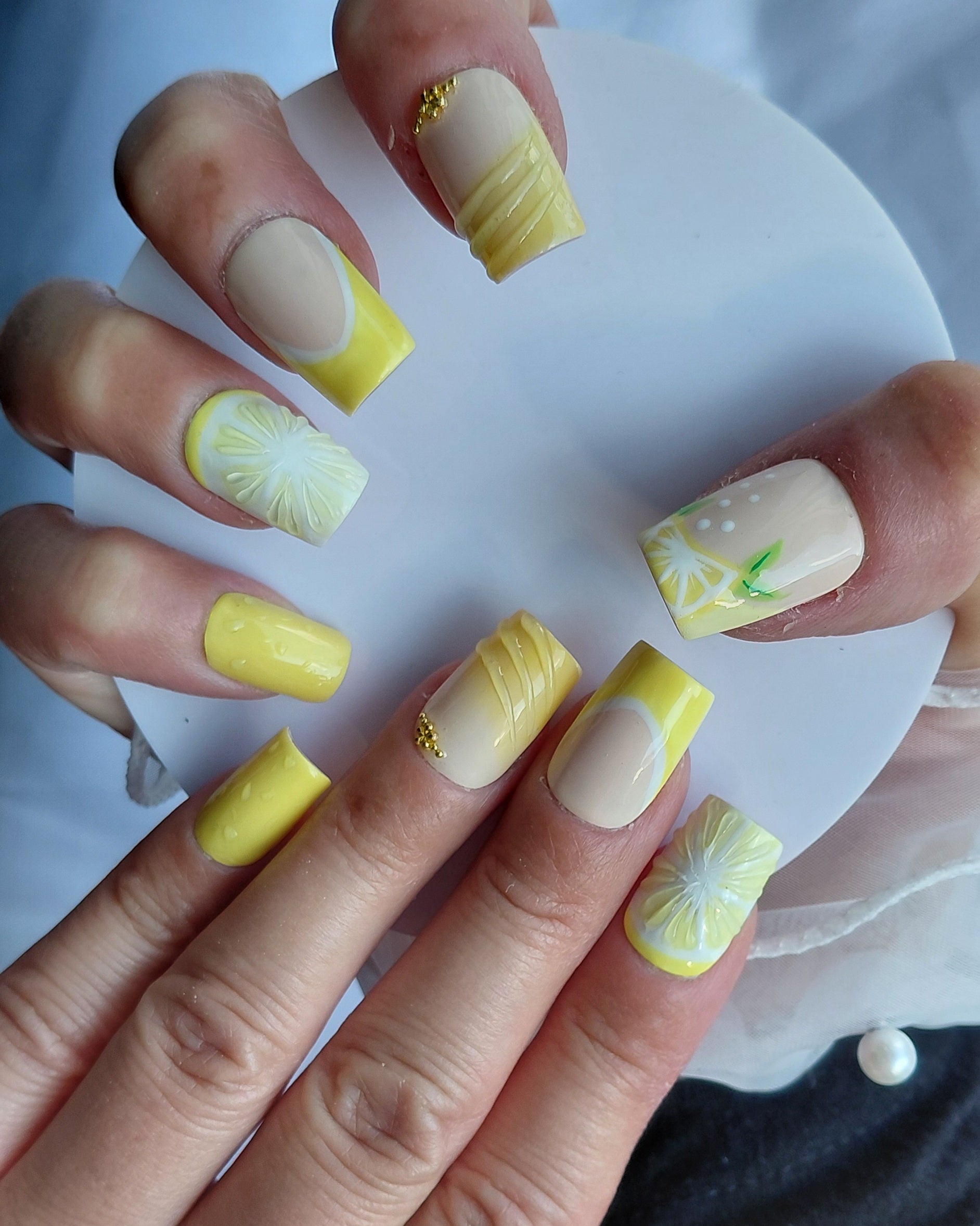 Lemon Curd Press on Nails | Zitronen Nägel Gelb | 3D Frucht Kunstnägel Handgemacht | Sommer French Nails Wiederverwendbar Custom
