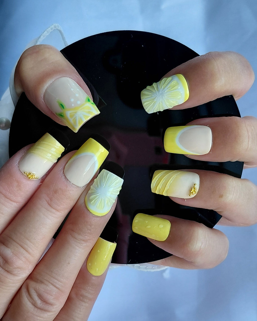 Lemon Curd Press on Nails | Zitronen Nägel Gelb | 3D Frucht Kunstnägel Handgemacht | Sommer French Nails Wiederverwendbar Custom