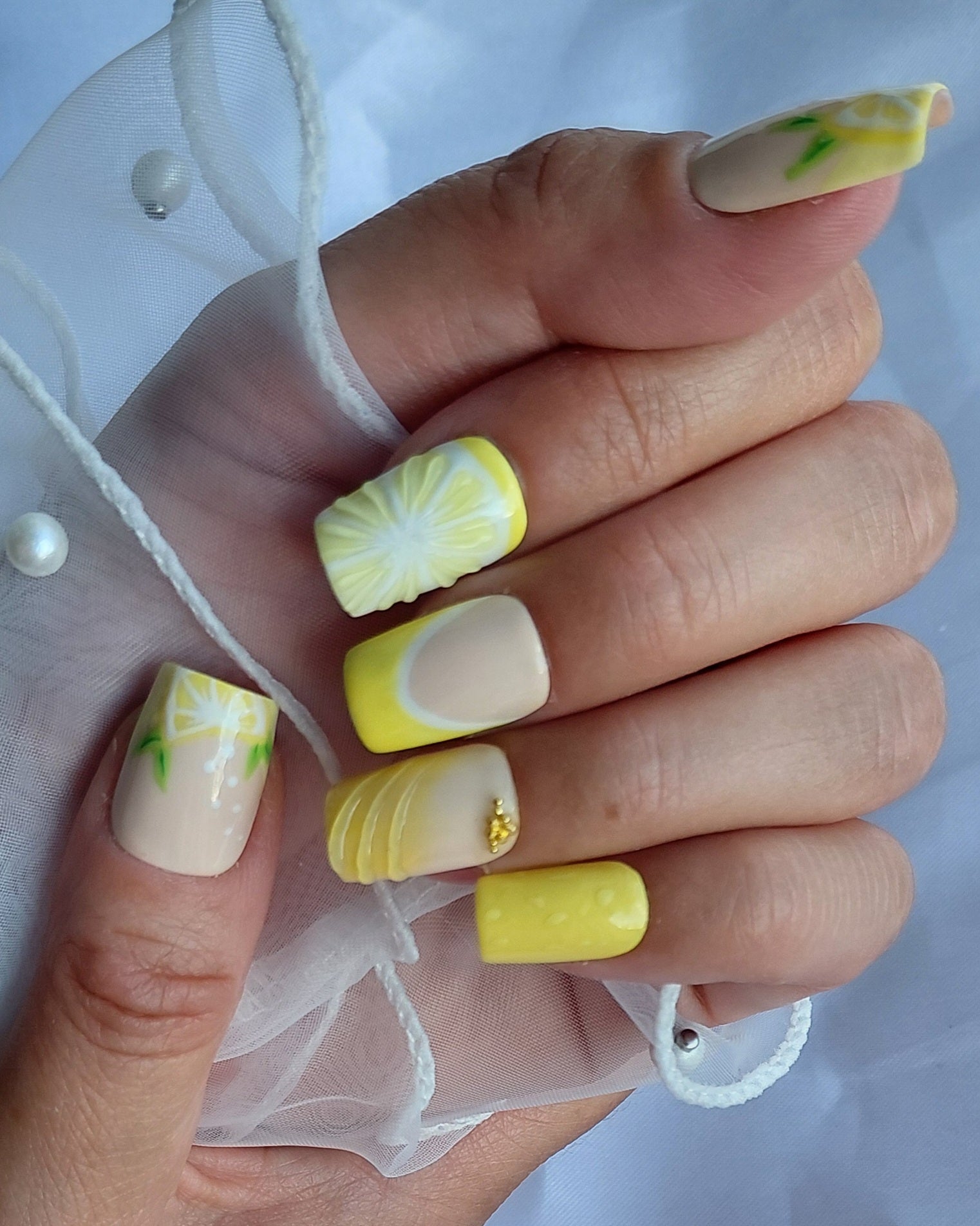Lemon Curd Press on Nails | Zitronen Nägel Gelb | 3D Frucht Kunstnägel Handgemacht | Sommer French Nails Wiederverwendbar Custom