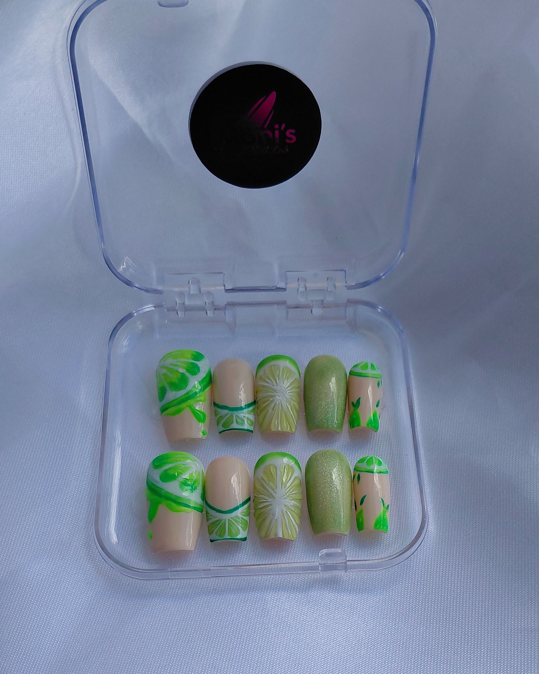 Lime Mojito Press on Nails | Limetten Nägel Grün | 3D Frucht Kunstnägel Handgemacht | Sommer Glitzer Nails Wiederverwendbar Custom