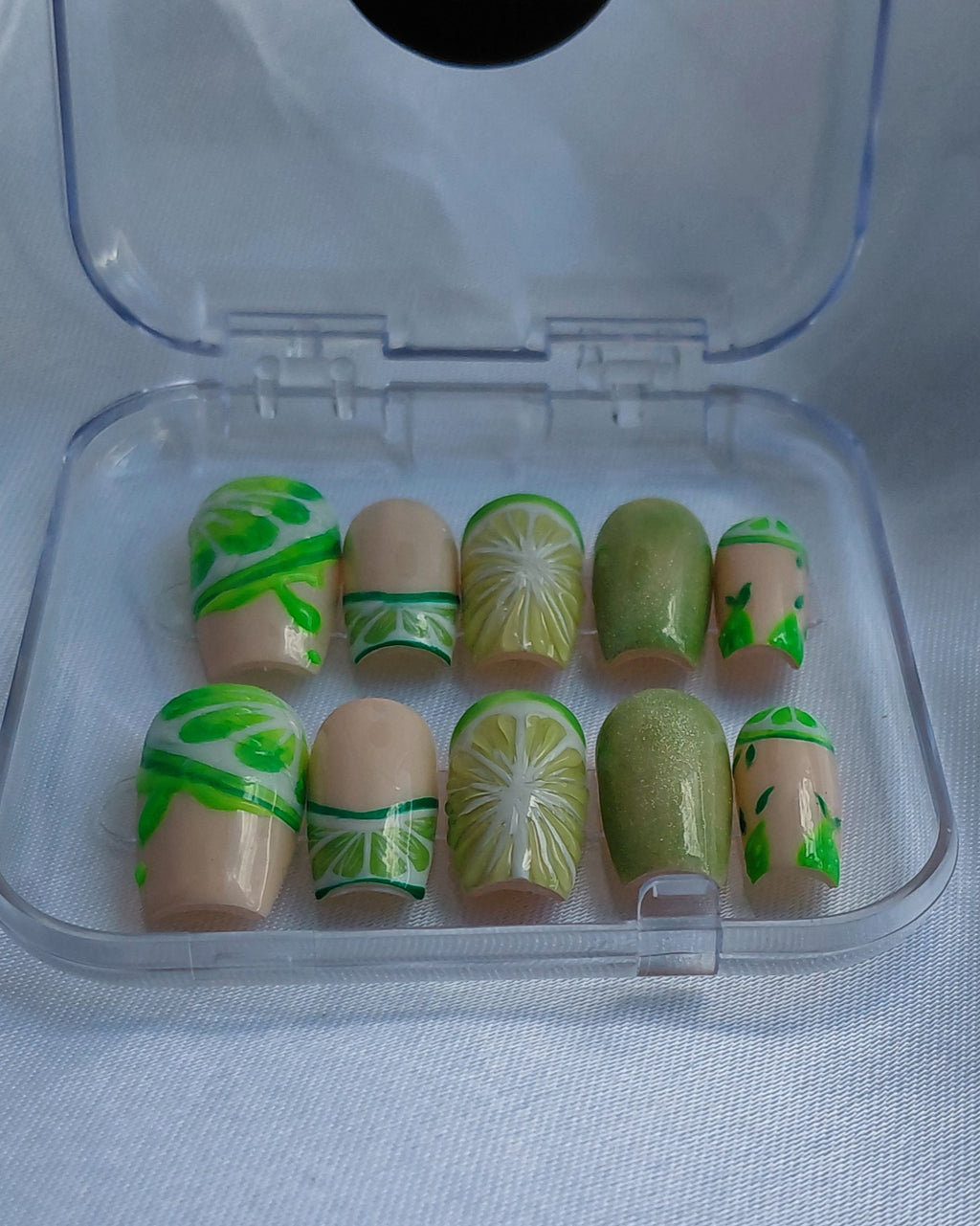 Lime Mojito Press on Nails | Limetten Nägel Grün | 3D Frucht Kunstnägel Handgemacht | Sommer Glitzer Nails Wiederverwendbar Custom