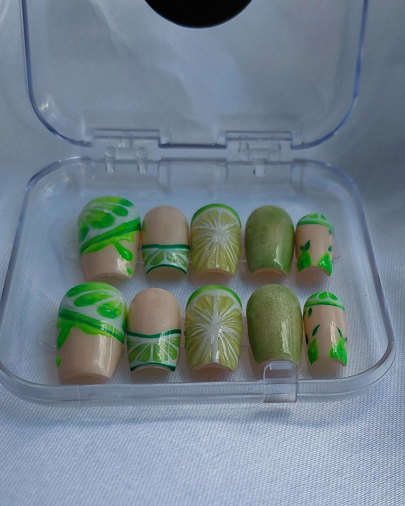 Lime Mojito Press on Nails | Limetten Nägel Grün | 3D Frucht Kunstnägel Handgemacht | Sommer Glitzer Nails Wiederverwendbar Custom