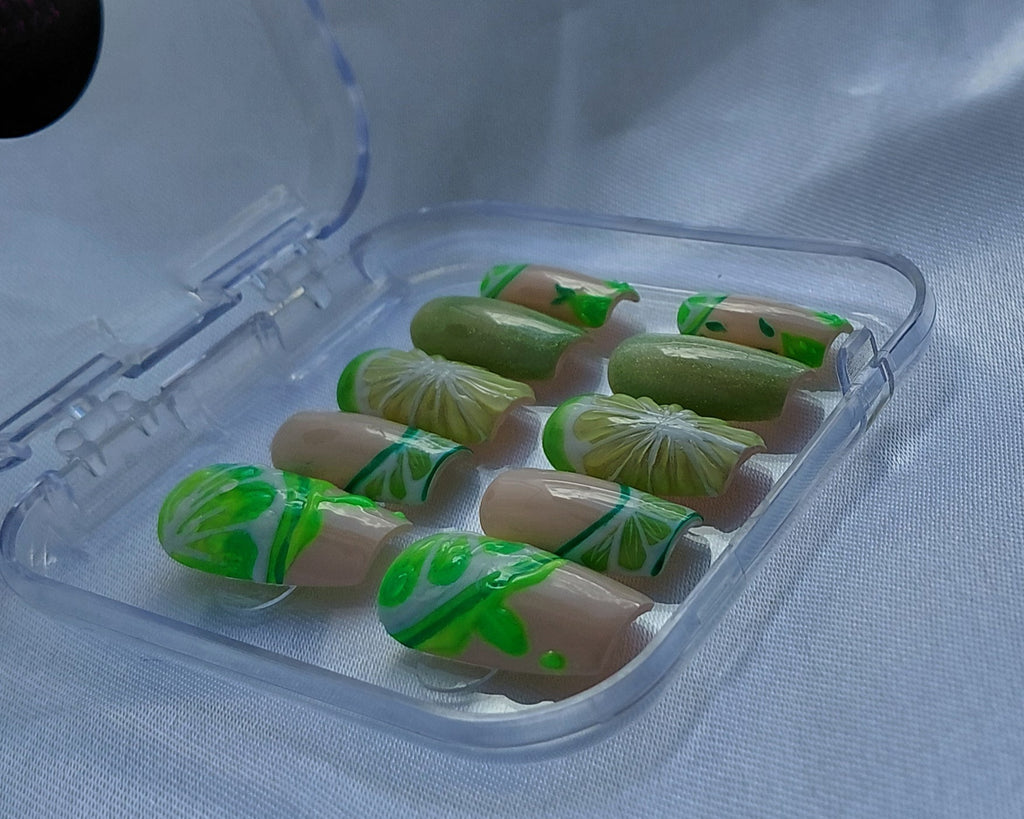 Lime Mojito Press on Nails | Limetten Nägel Grün | 3D Frucht Kunstnägel Handgemacht | Sommer Glitzer Nails Wiederverwendbar Custom