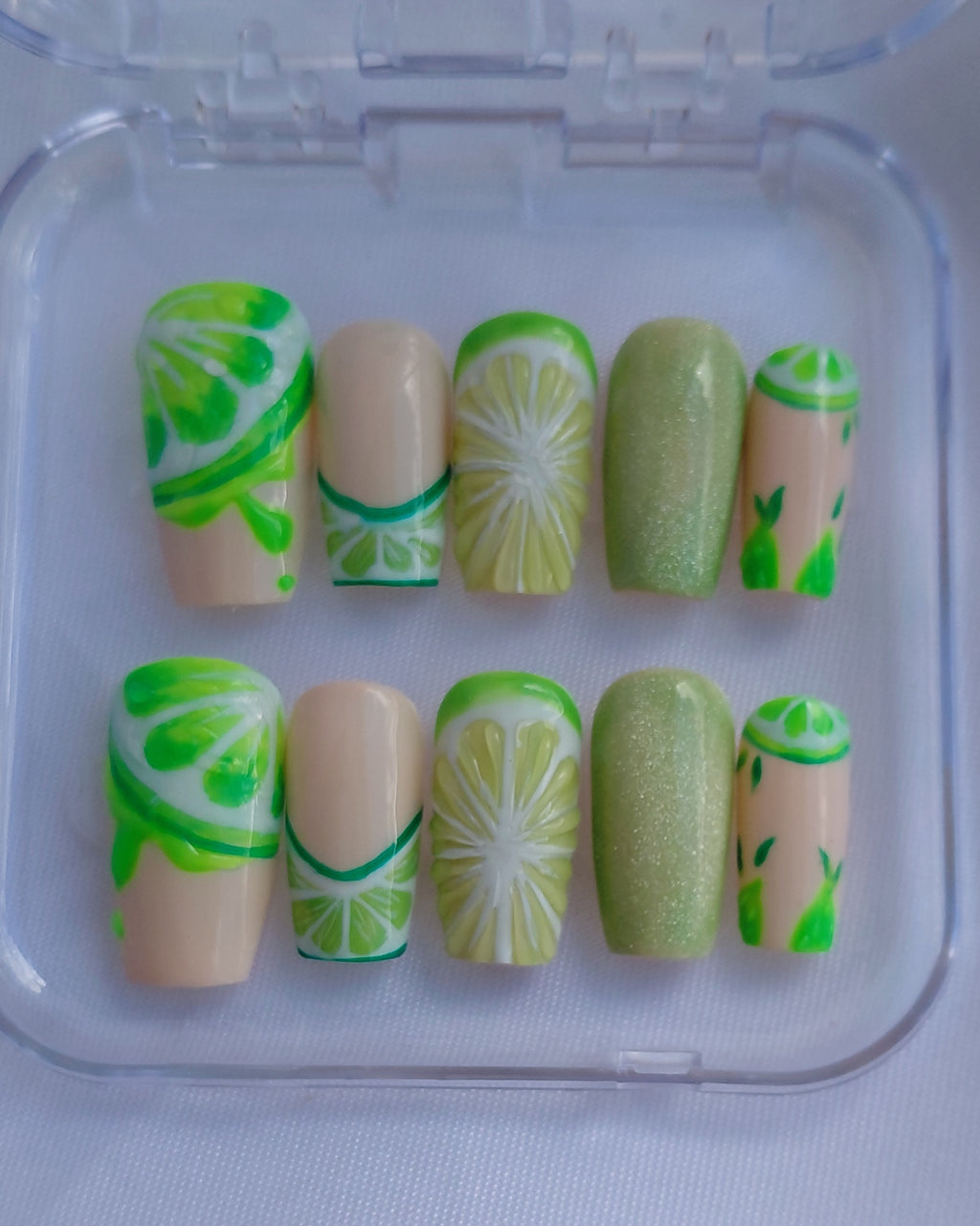 Lime Mojito Press on Nails | Limetten Nägel Grün | 3D Frucht Kunstnägel Handgemacht | Sommer Glitzer Nails Wiederverwendbar Custom