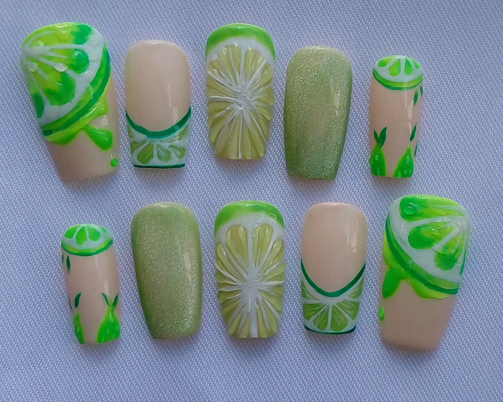 Lime Mojito Press on Nails | Limetten Nägel Grün | 3D Frucht Kunstnägel Handgemacht | Sommer Glitzer Nails Wiederverwendbar Custom