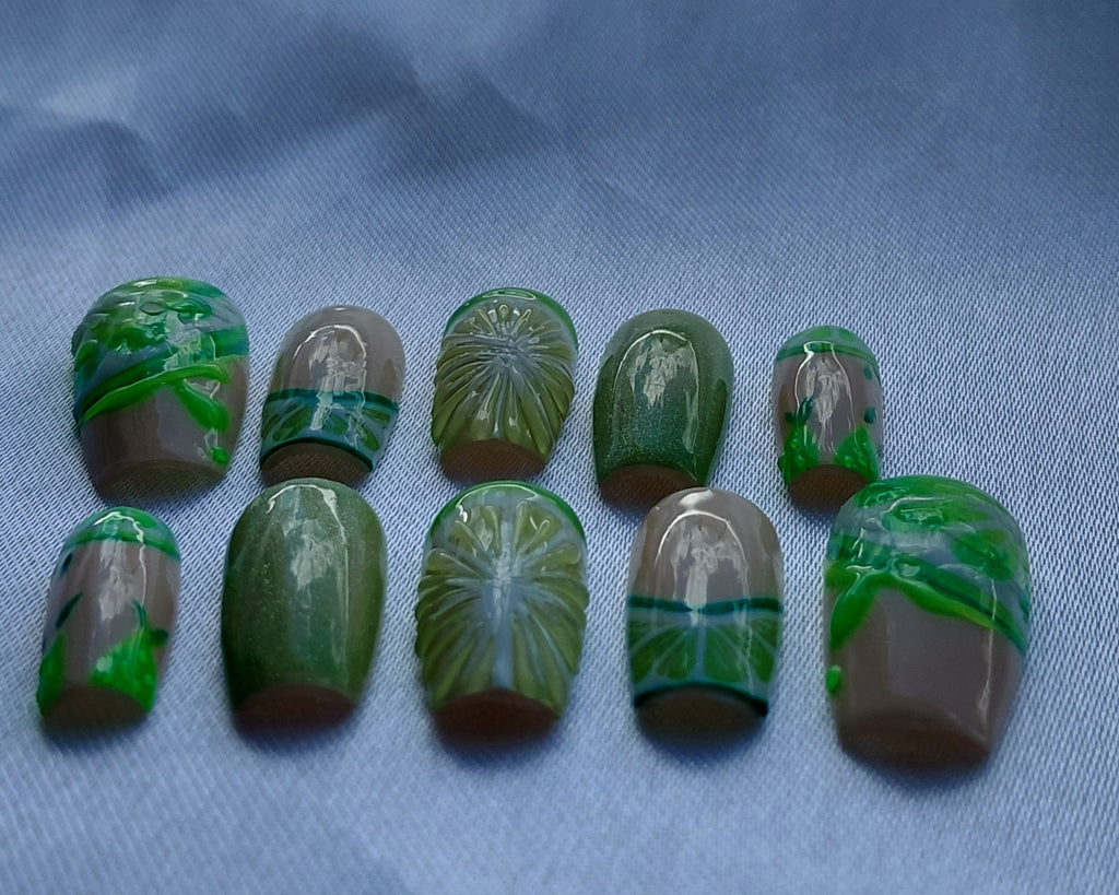 Lime Mojito Press on Nails | Limetten Nägel Grün | 3D Frucht Kunstnägel Handgemacht | Sommer Glitzer Nails Wiederverwendbar Custom