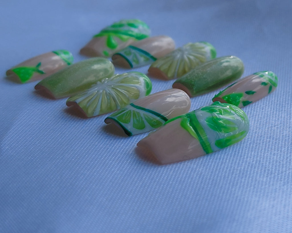 Lime Mojito Press on Nails | Limetten Nägel Grün | 3D Frucht Kunstnägel Handgemacht | Sommer Glitzer Nails Wiederverwendbar Custom