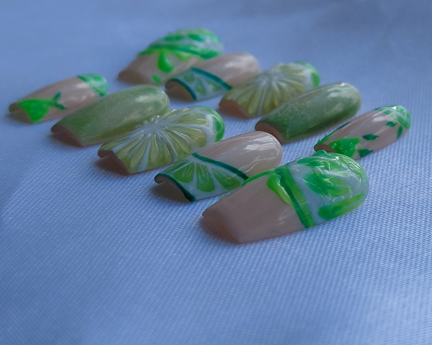 Lime Mojito Press on Nails | Limetten Nägel Grün | 3D Frucht Kunstnägel Handgemacht | Sommer Glitzer Nails Wiederverwendbar Custom