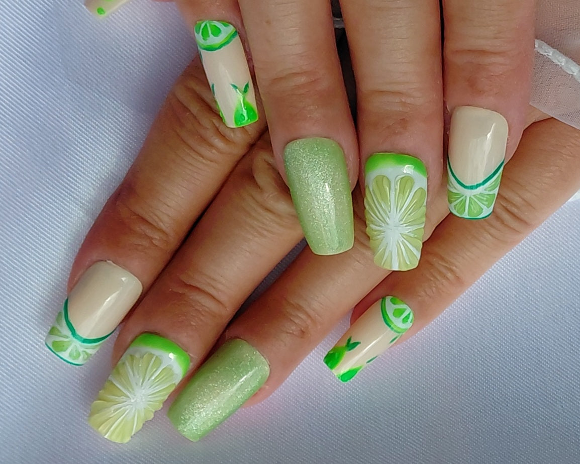 Lime Mojito Press on Nails | Limetten Nägel Grün | 3D Frucht Kunstnägel Handgemacht | Sommer Glitzer Nails Wiederverwendbar Custom