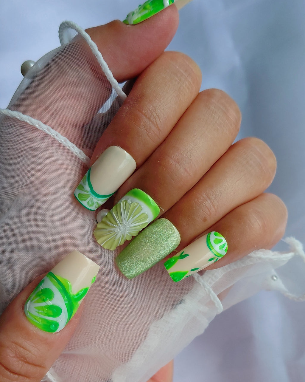 Lime Mojito Press on Nails | Limetten Nägel Grün | 3D Frucht Kunstnägel Handgemacht | Sommer Glitzer Nails Wiederverwendbar Custom
