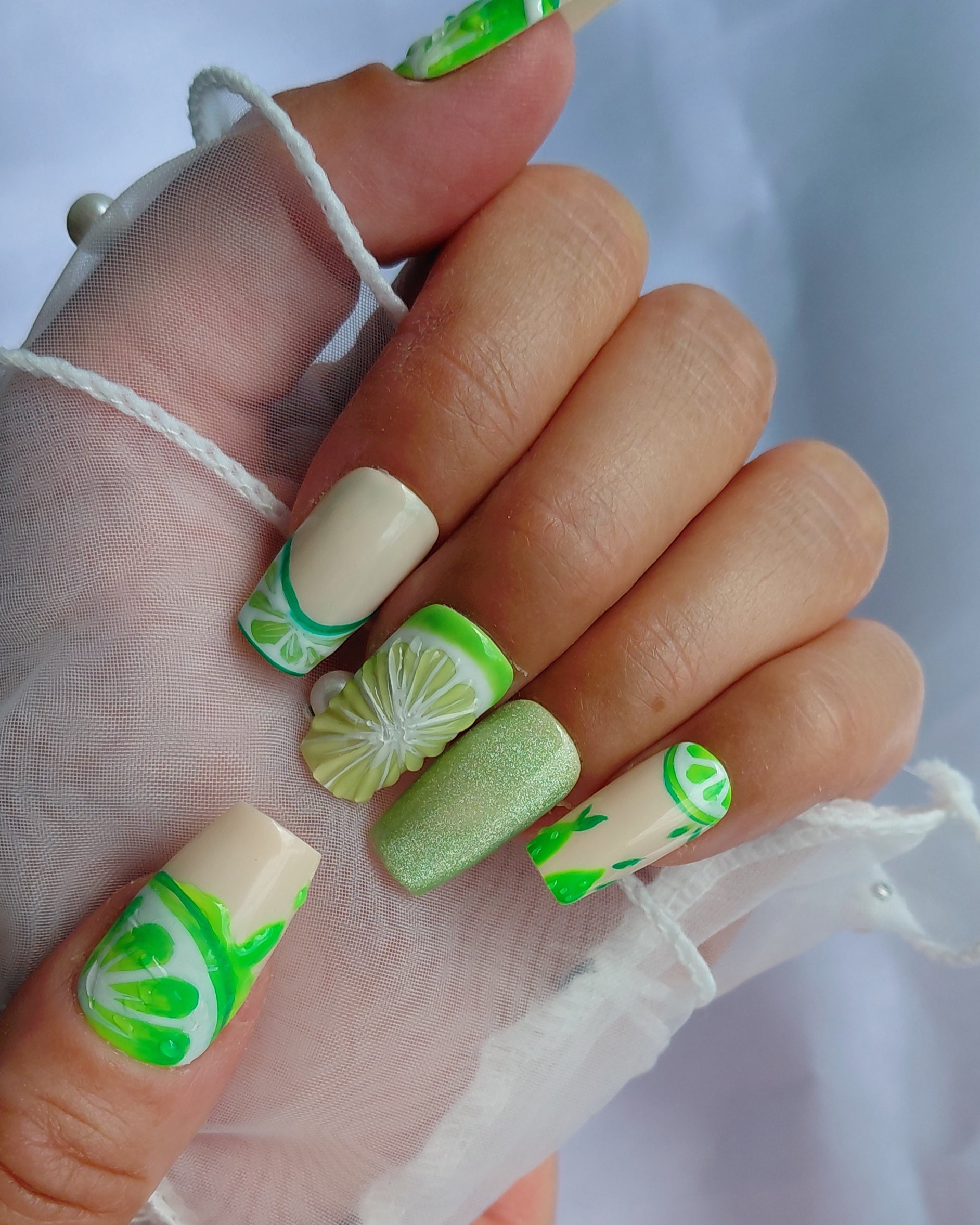 Lime Mojito Press on Nails | Limetten Nägel Grün | 3D Frucht Kunstnägel Handgemacht | Sommer Glitzer Nails Wiederverwendbar Custom