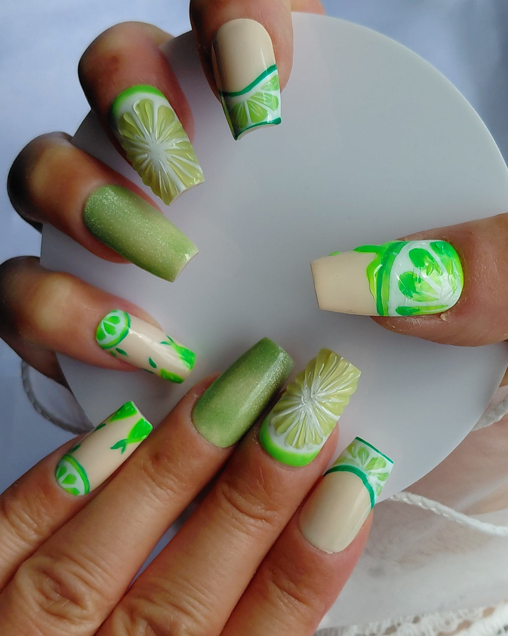 Lime Mojito Press on Nails | Limetten Nägel Grün | 3D Frucht Kunstnägel Handgemacht | Sommer Glitzer Nails Wiederverwendbar Custom