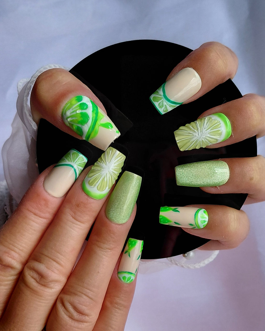 Lime Mojito Press on Nails | Limetten Nägel Grün | 3D Frucht Kunstnägel Handgemacht | Sommer Glitzer Nails Wiederverwendbar Custom