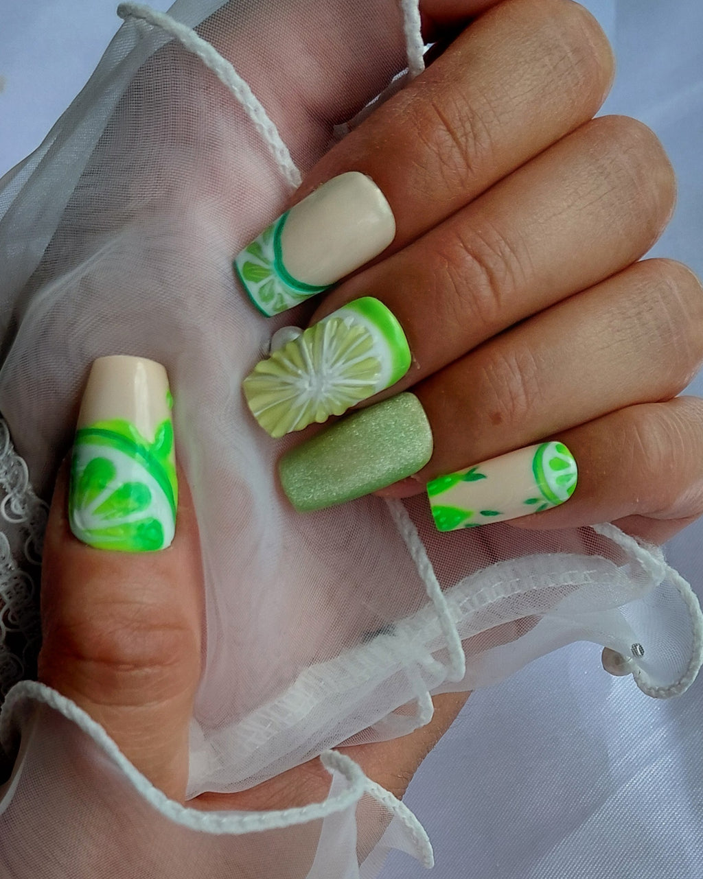 Lime Mojito Press on Nails | Limetten Nägel Grün | 3D Frucht Kunstnägel Handgemacht | Sommer Glitzer Nails Wiederverwendbar Custom