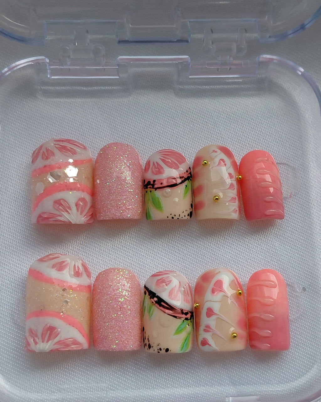 Zesty Fruit Cocktail Press on Nails Bundle | 3 Sets Zitronen Limetten Grapefruit Nägel | 3D Frucht Kunstnägel Handgemacht Sparset