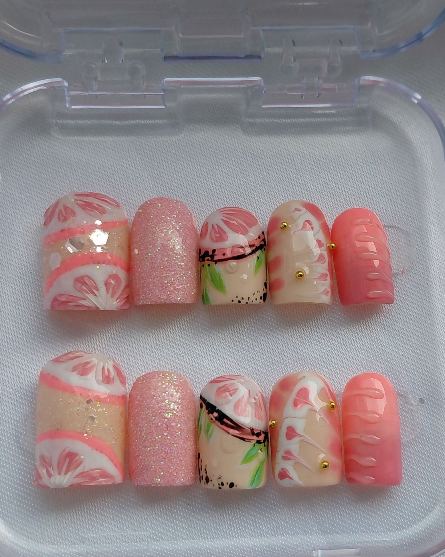 Zesty Fruit Cocktail Press on Nails Bundle | 3 Sets Zitronen Limetten Grapefruit Nägel | 3D Frucht Kunstnägel Handgemacht Sparset