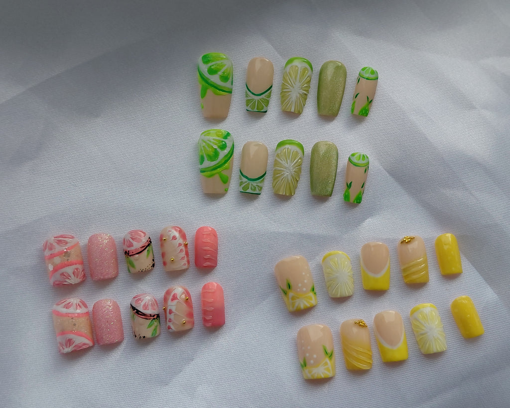 Zesty Fruit Cocktail Press on Nails Bundle | 3 Sets Zitronen Limetten Grapefruit Nägel | 3D Frucht Kunstnägel Handgemacht Sparset