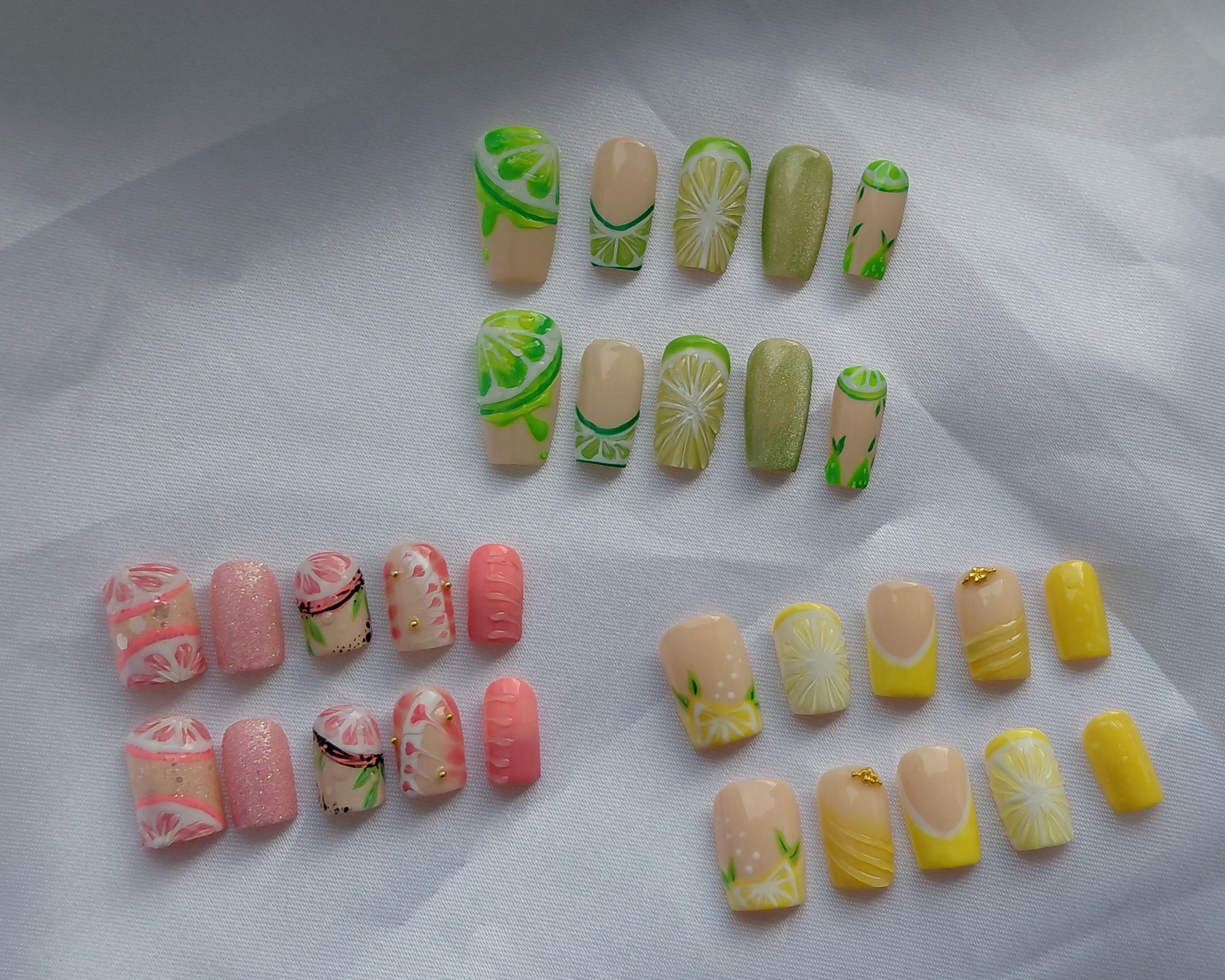Zesty Fruit Cocktail Press on Nails Bundle | 3 Sets Zitronen Limetten Grapefruit Nägel | 3D Frucht Kunstnägel Handgemacht Sparset