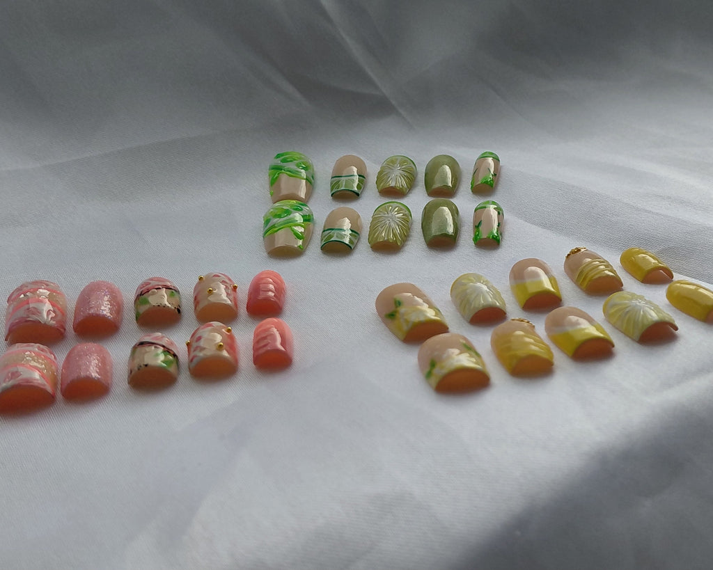 Zesty Fruit Cocktail Press on Nails Bundle | 3 Sets Zitronen Limetten Grapefruit Nägel | 3D Frucht Kunstnägel Handgemacht Sparset