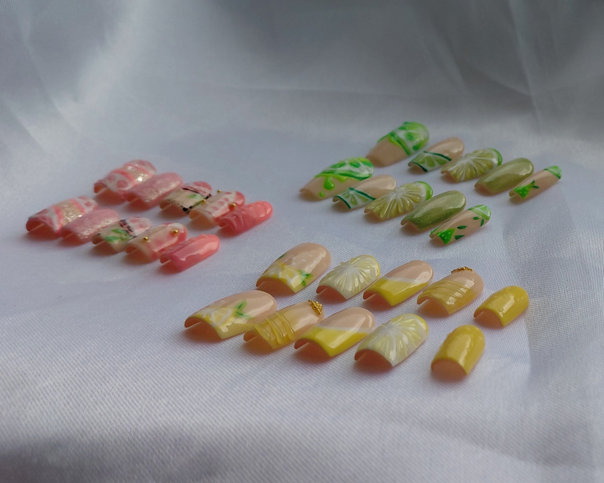 Zesty Fruit Cocktail Press on Nails Bundle | 3 Sets Zitronen Limetten Grapefruit Nägel | 3D Frucht Kunstnägel Handgemacht Sparset