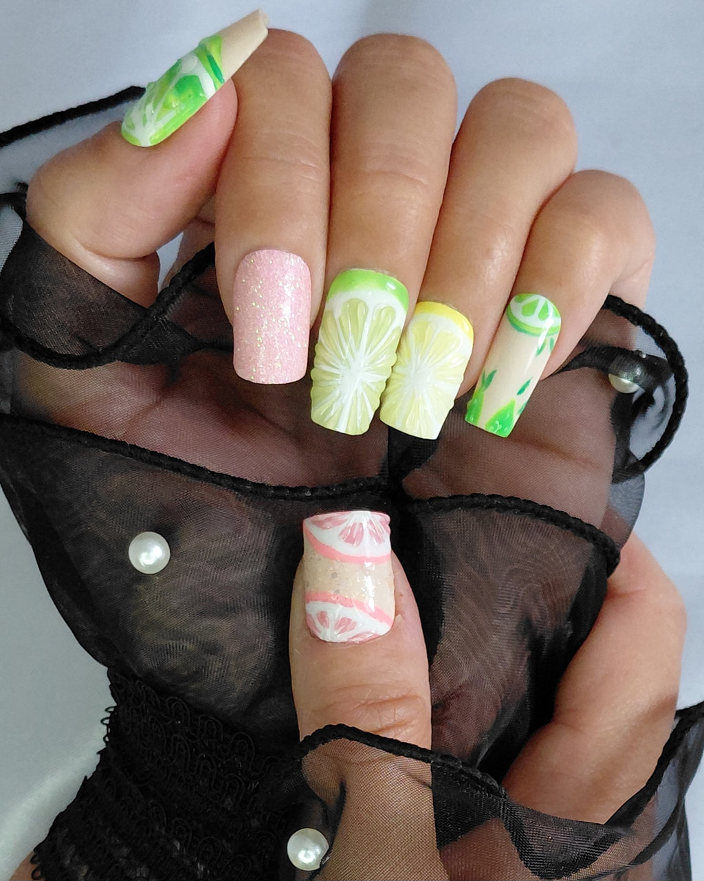 Zesty Fruit Cocktail Press on Nails Bundle | 3 Sets Zitronen Limetten Grapefruit Nägel | 3D Frucht Kunstnägel Handgemacht Sparset