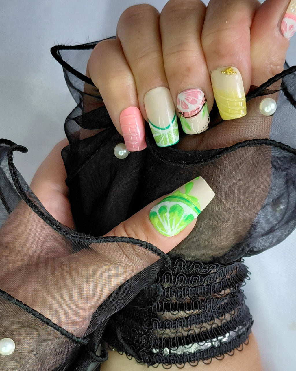 Zesty Fruit Cocktail Press on Nails Bundle | 3 Sets Zitronen Limetten Grapefruit Nägel | 3D Frucht Kunstnägel Handgemacht Sparset